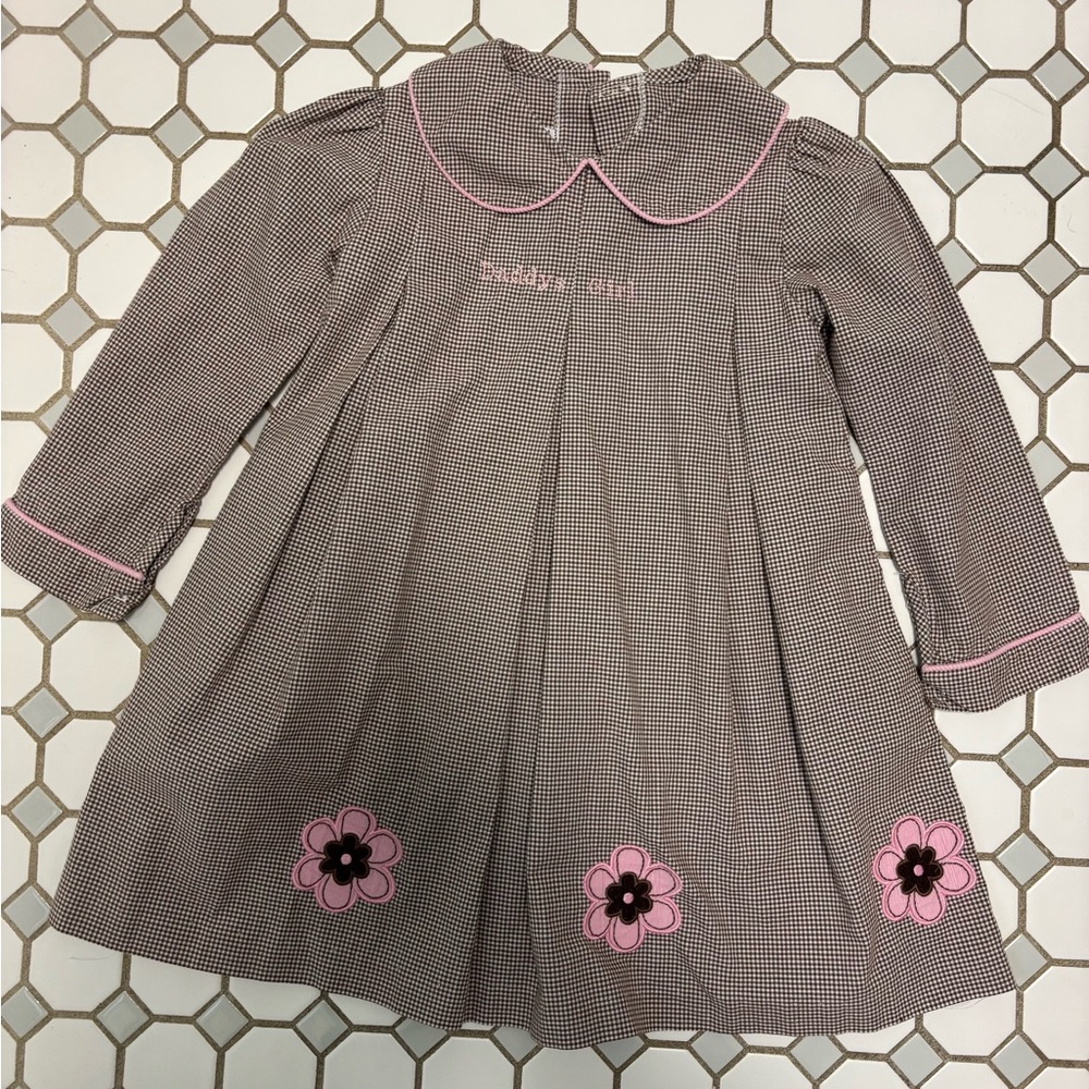 Castles and CrownsGirls Pink Trim Brown Gingham Dress with Pink Flower Appliques